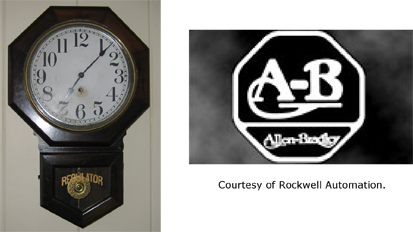 Schoolhouse clock and A-B trademark.